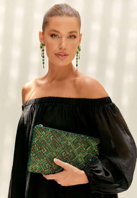 Patterned Beaded Zip Top Clutch - Sage Gold