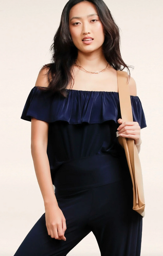 Off Shoulder Frill Top- Navy