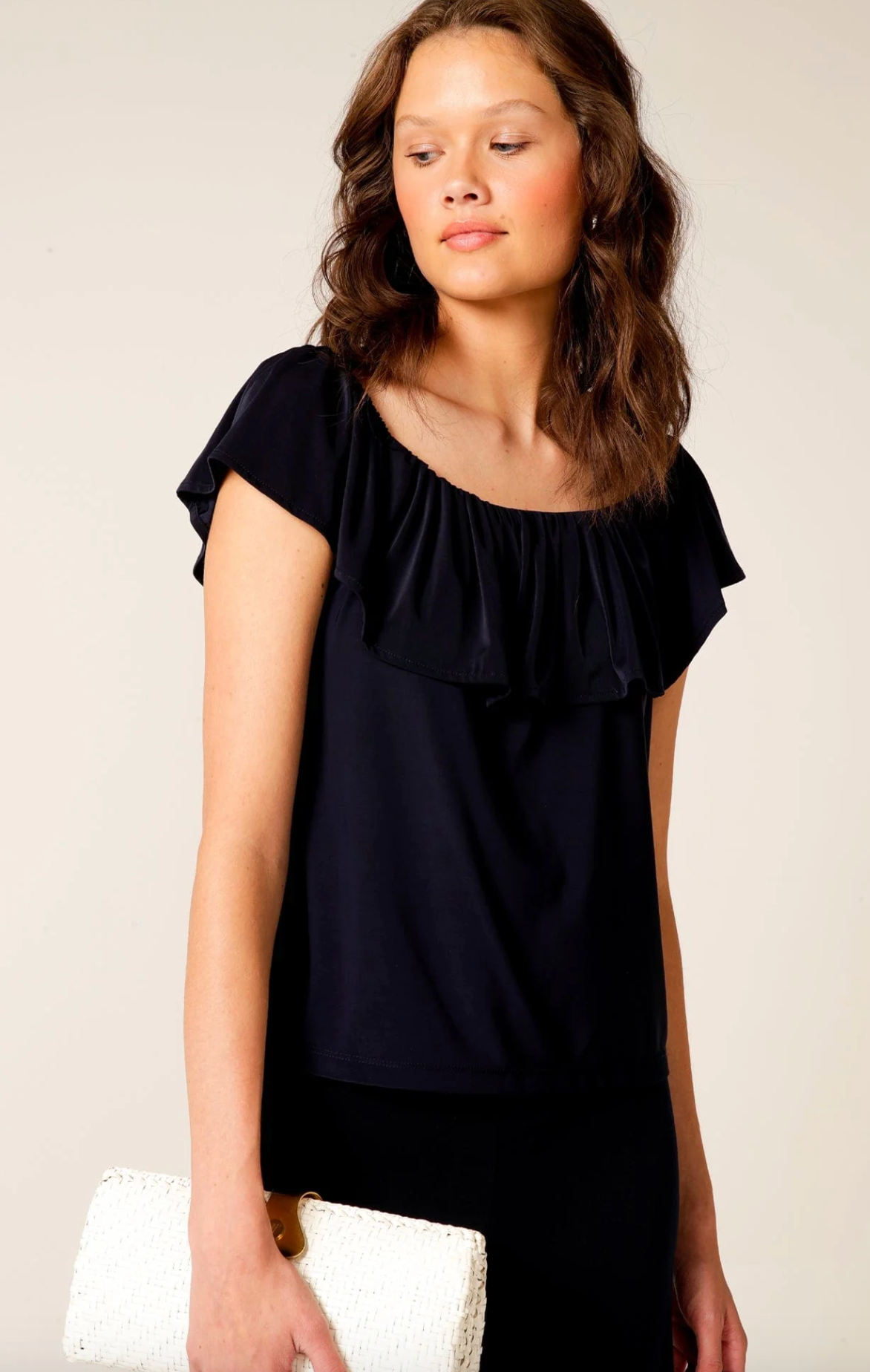 Off Shoulder Frill Top- Navy