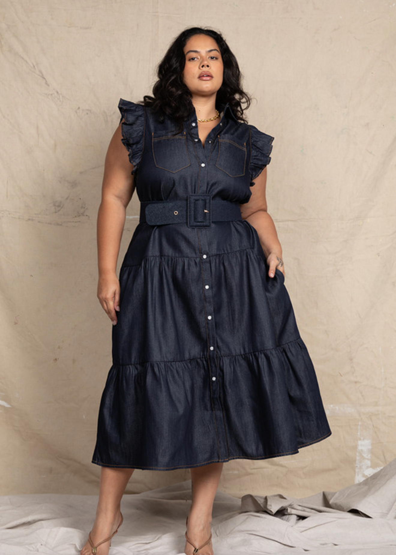 Ruffle Batwing Midi Dress in Indigo SZ XS