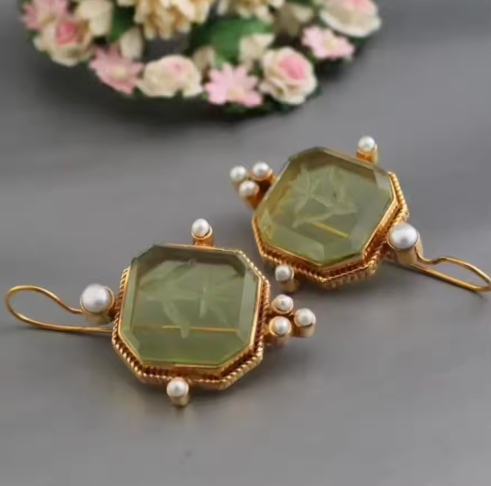 Gold Pearl and Gem Drop Earrings